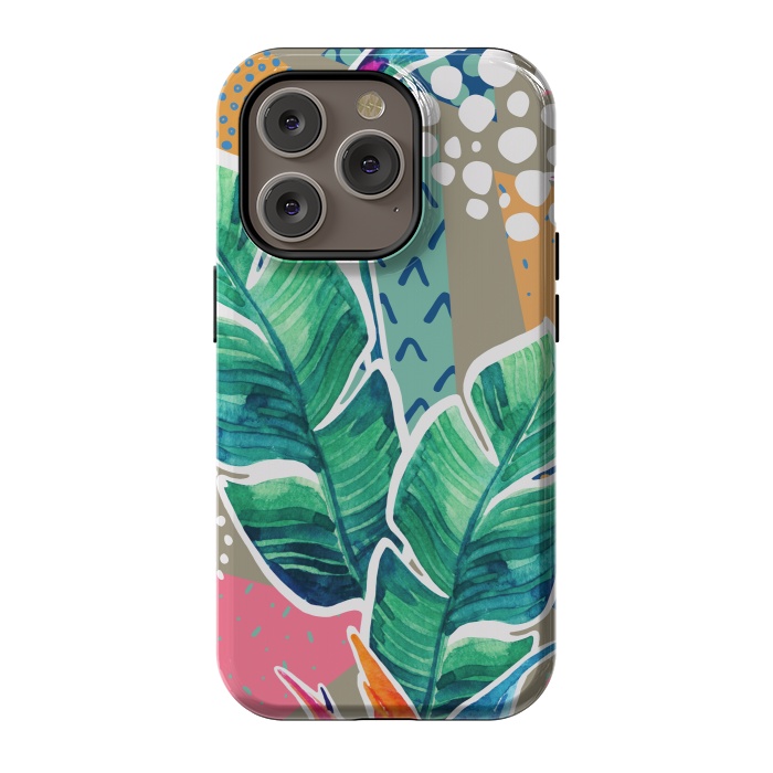 iPhone 14 Pro StrongFit Tropical Flowers Watercolors with Geometric Outline by ArtsCase