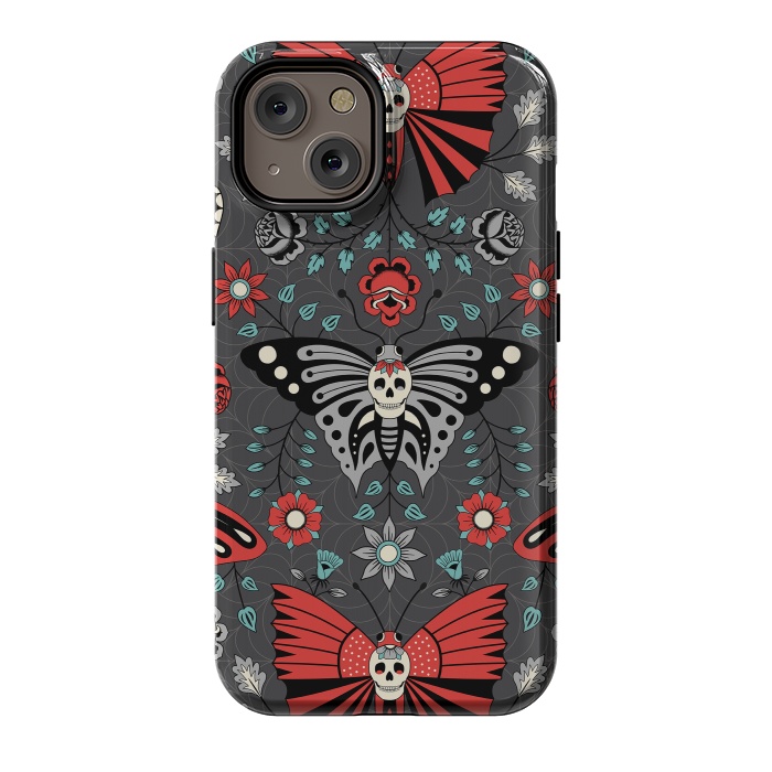 iPhone 14 StrongFit Gothic Halloween Skulls, Butterflies Flowers on a dark gray background by Portia Monberg