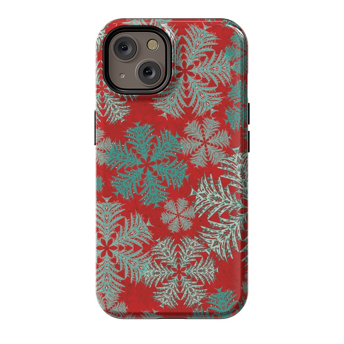 iPhone 14 StrongFit Xmas Snowflakes Red Aqua by Lotti Brown