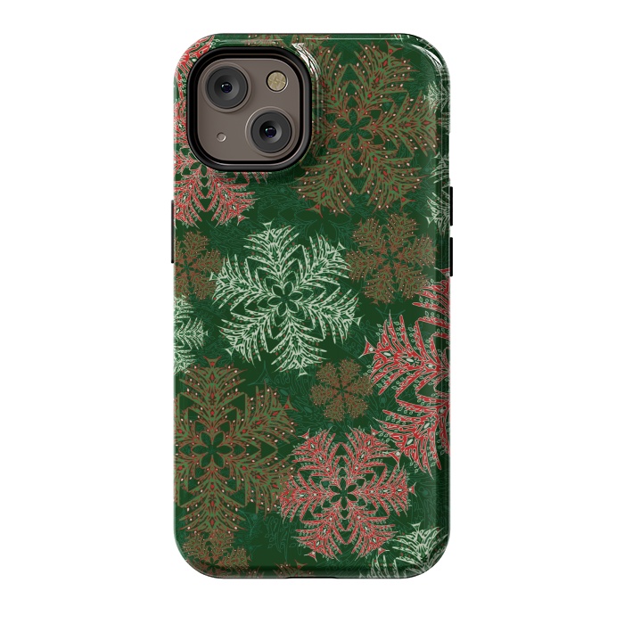 iPhone 14 StrongFit Xmas Snowflakes Red & Green by Lotti Brown
