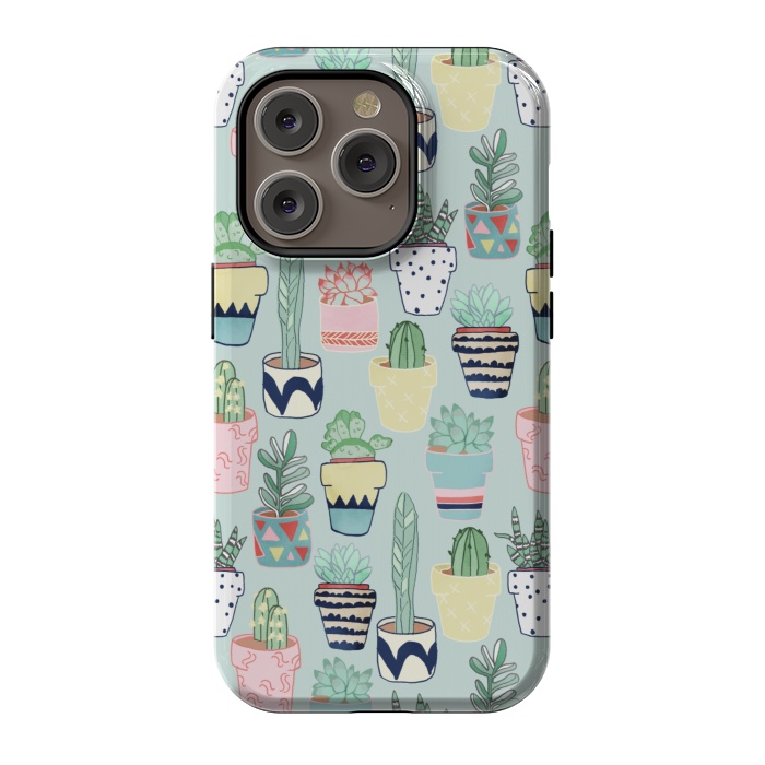iPhone 14 Pro StrongFit Cute Cacti In Pots on Mint Green by Tangerine-Tane