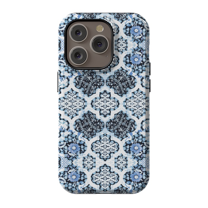 iPhone 14 Pro StrongFit Blue white Moroccan decorative mosaic by Oana 