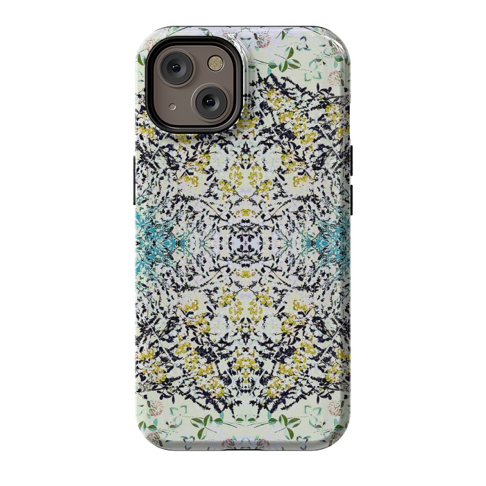 iPhone 14 StrongFit Yellow blue ditsy flowers and leaves pattern by Oana 