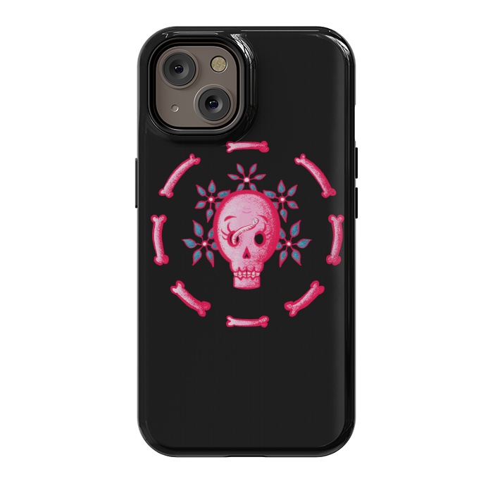 iPhone 14 StrongFit Funny Skull In Pink With Flowers And Bones by Boriana Giormova