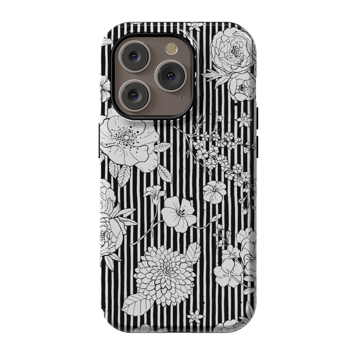 iPhone 14 Pro StrongFit Flowers and Stripes Black and White by Ninola Design