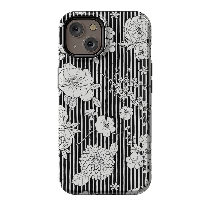 iPhone 14 StrongFit Flowers and Stripes Black and White by Ninola Design