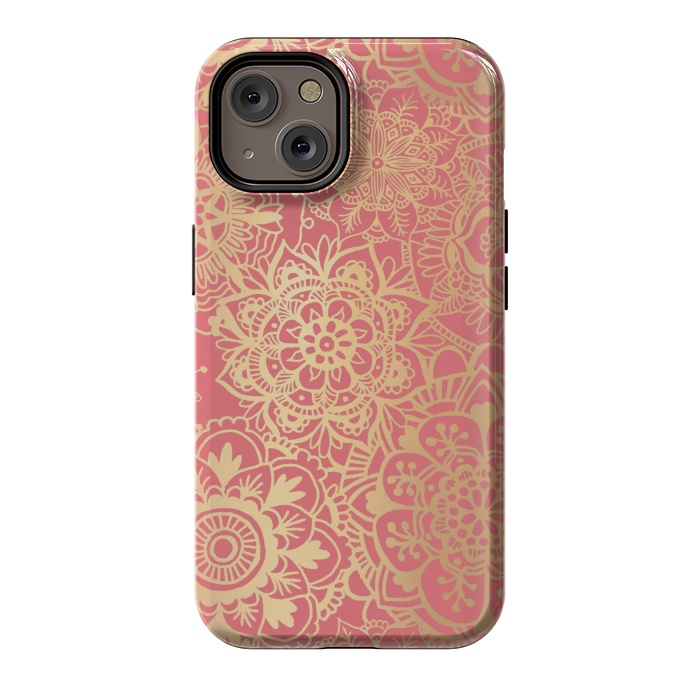 iPhone 14 StrongFit Coral Pink and Gold Mandala Pattern by Julie Erin Designs