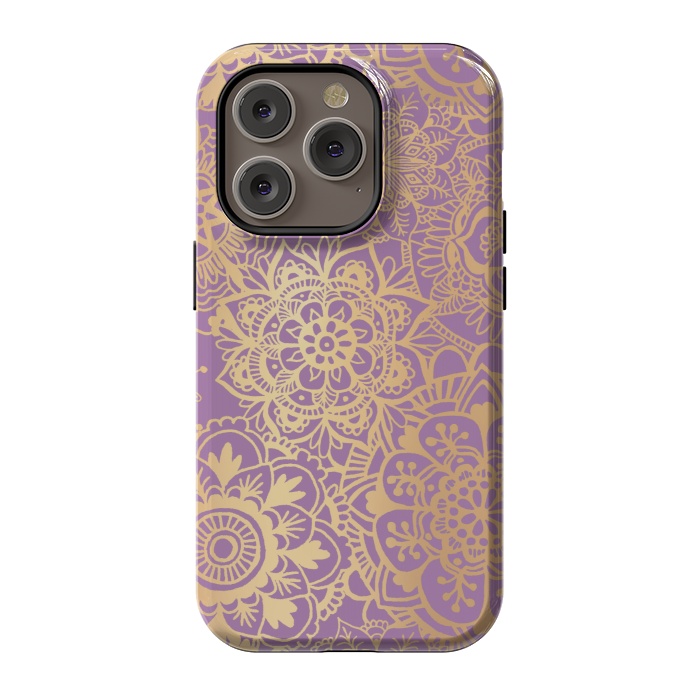 iPhone 14 Pro StrongFit Light Purple and Gold Mandala Pattern by Julie Erin Designs