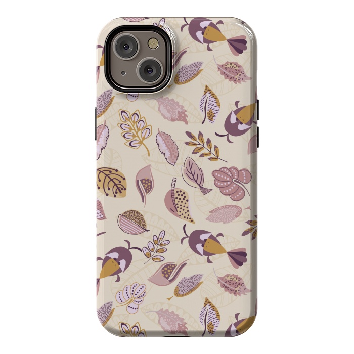iPhone 14 Plus StrongFit Cute parrots in a fun tossed pattern with funky leaves in purple and mustard by Paula Ohreen