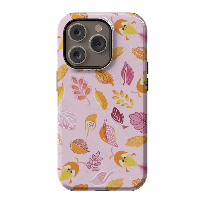 iPhone 14 Pro StrongFit Cute parrots in a fun tossed pattern with funky leaves in pink and orange by Paula Ohreen