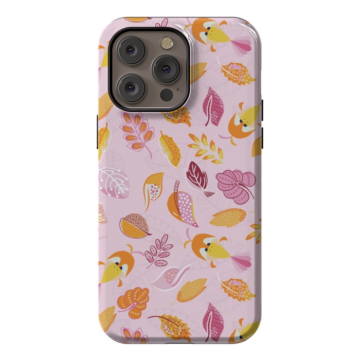 iPhone 14 Pro max StrongFit Cute parrots in a fun tossed pattern with funky leaves in pink and orange by Paula Ohreen