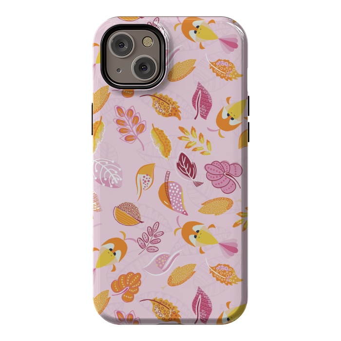 iPhone 14 Plus StrongFit Cute parrots in a fun tossed pattern with funky leaves in pink and orange by Paula Ohreen