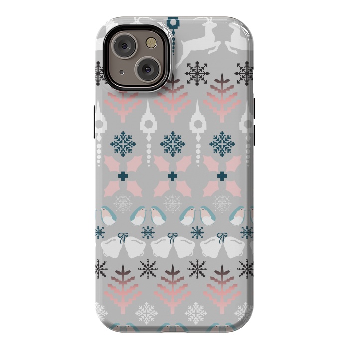 iPhone 14 Plus StrongFit Christmas Fair Isle in Grey, Pink and Blue by Paula Ohreen