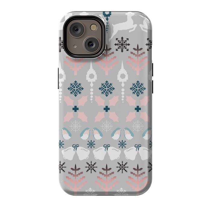 iPhone 14 StrongFit Christmas Fair Isle in Grey, Pink and Blue by Paula Ohreen