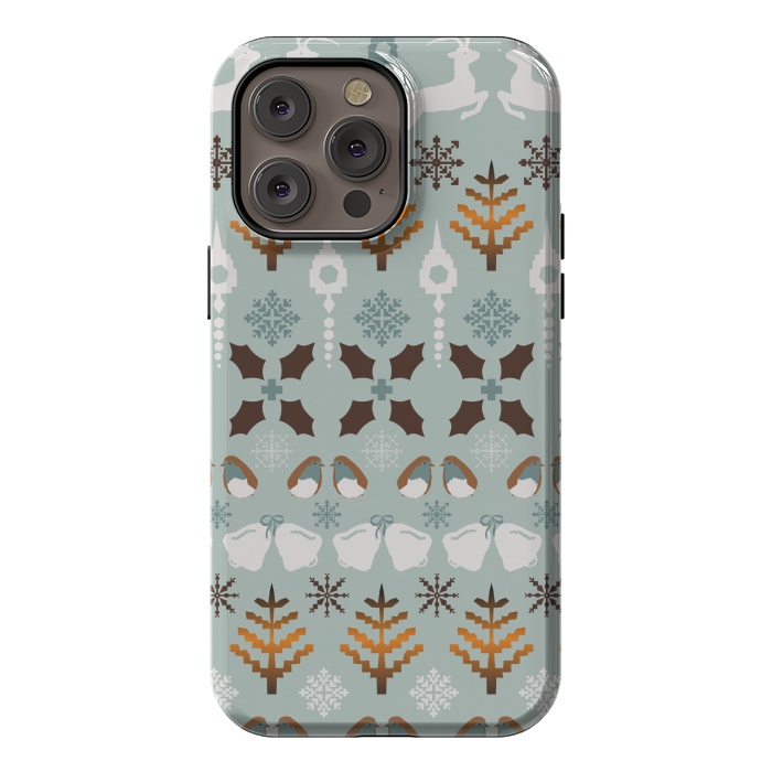 iPhone 14 Pro max StrongFit Fair Isle Christmas in blue and brown by Paula Ohreen