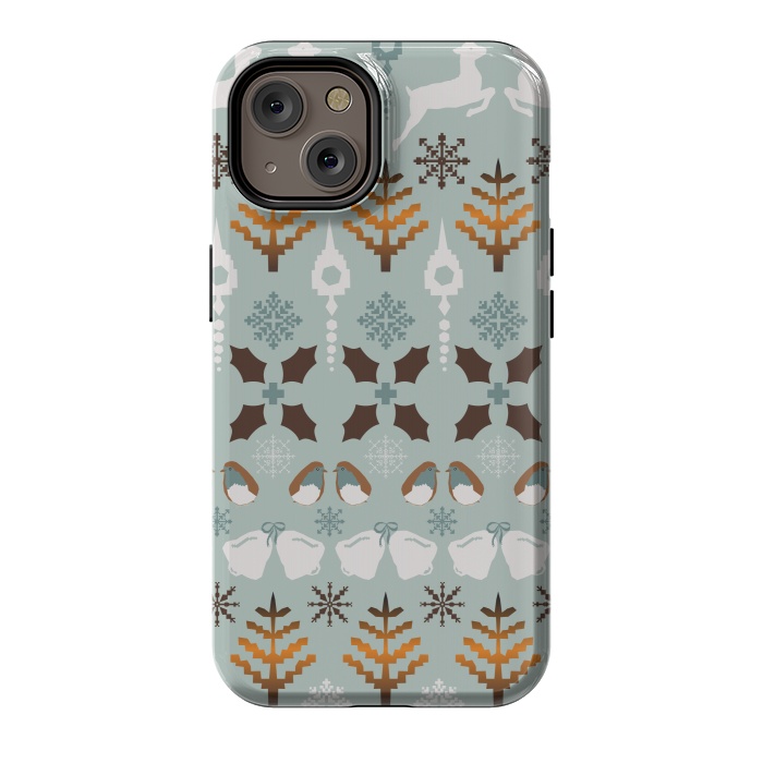 iPhone 14 StrongFit Fair Isle Christmas in blue and brown by Paula Ohreen