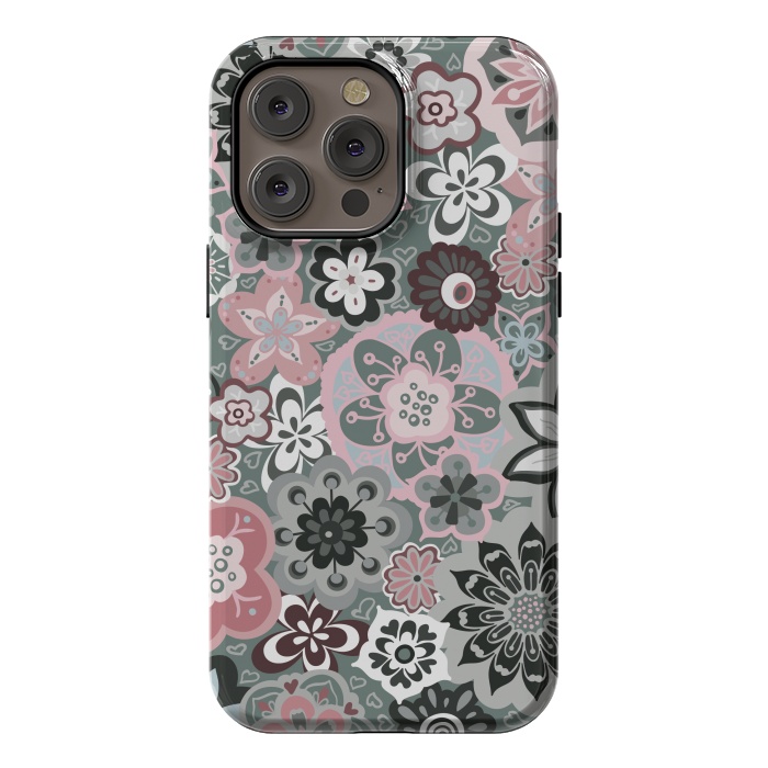 iPhone 14 Pro max StrongFit Beautiful Bouquet of Blooms-Dark Grey and Pink by Paula Ohreen