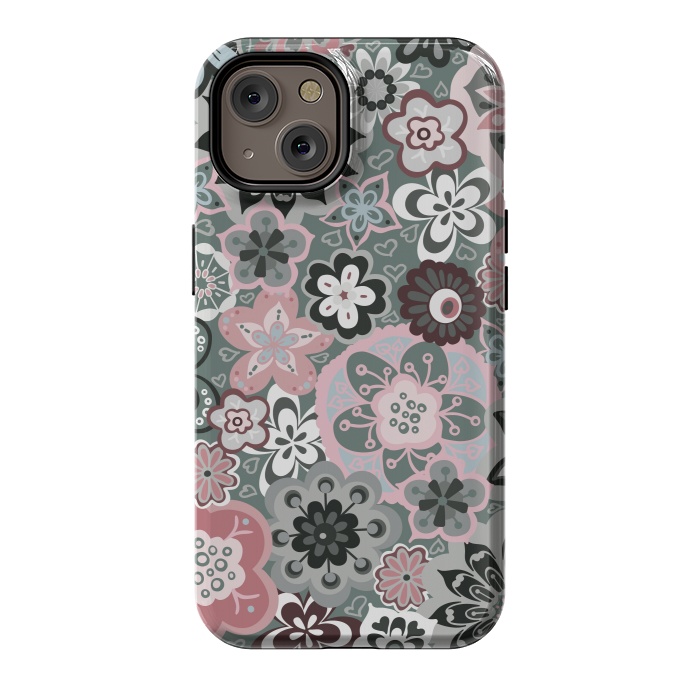 iPhone 14 StrongFit Beautiful Bouquet of Blooms-Dark Grey and Pink by Paula Ohreen