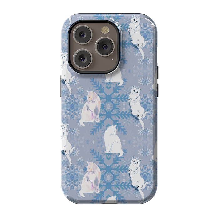 iPhone 14 Pro StrongFit Cute white cats and blue Christmas snowflakes by Oana 