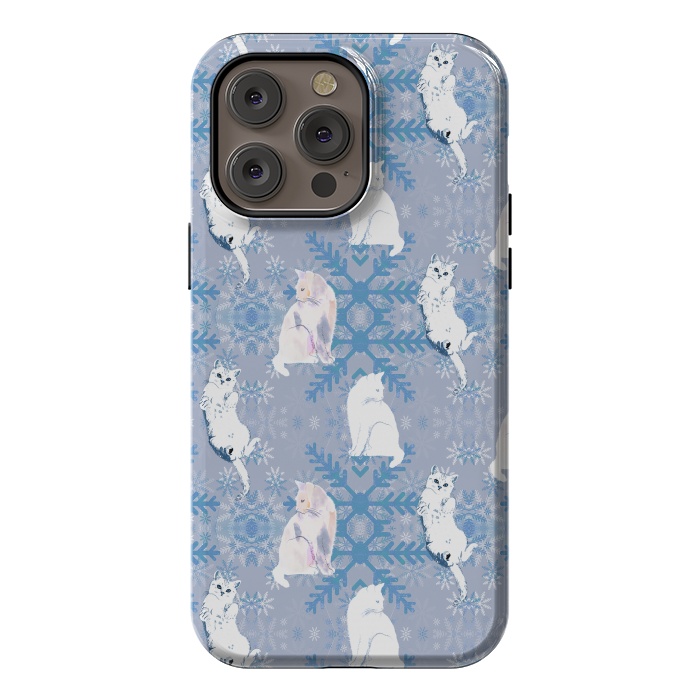 iPhone 14 Pro max StrongFit Cute white cats and blue Christmas snowflakes by Oana 