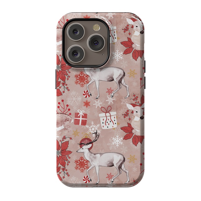 iPhone 14 Pro StrongFit Deers and Christmas ornaments red pink by Oana 