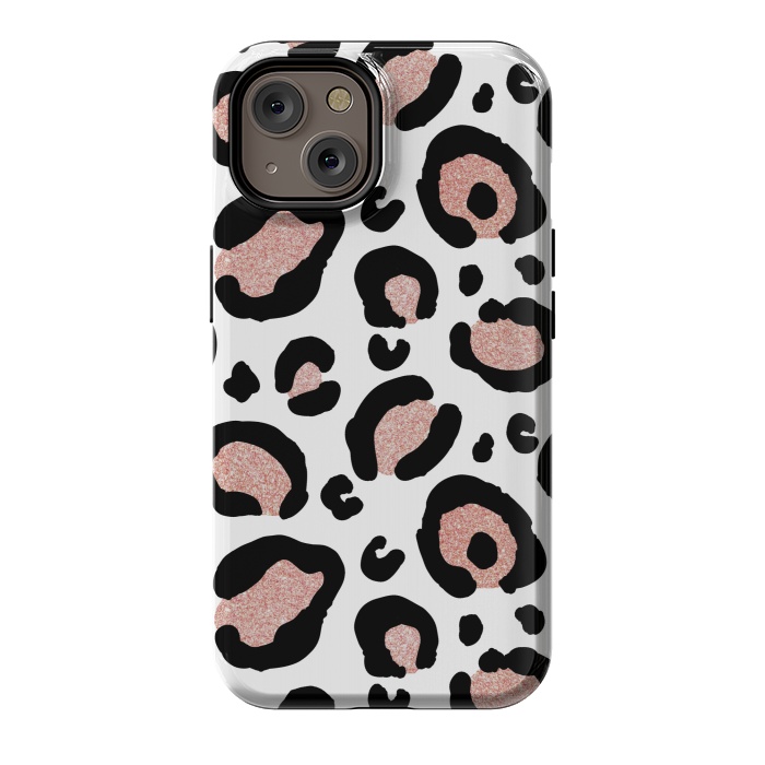 iPhone 14 StrongFit Rose Gold Glitter Leopard Print by Julie Erin Designs
