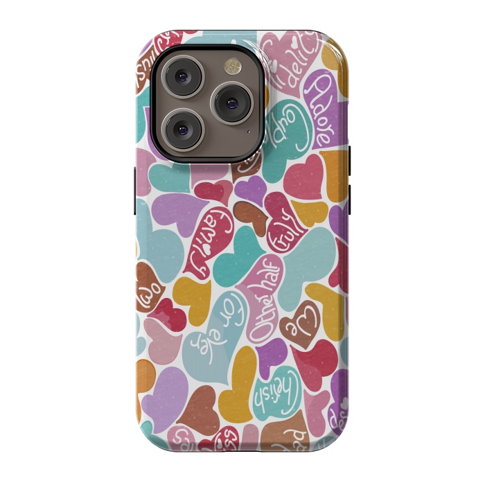 iPhone 14 Pro StrongFit Multicolored Love hearts with loving words by Paula Ohreen
