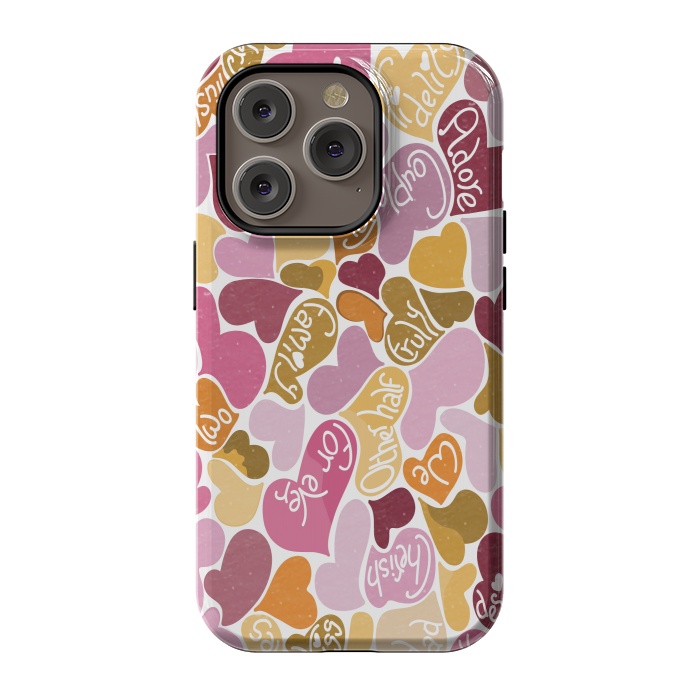 iPhone 14 Pro StrongFit Love hearts with loving words in pink and orange by Paula Ohreen