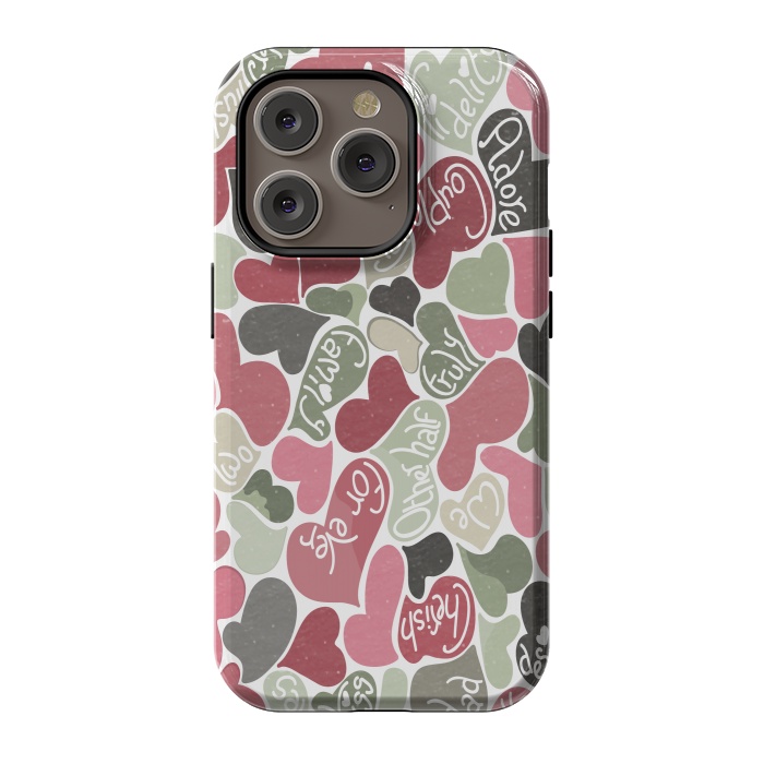 iPhone 14 Pro StrongFit Love hearts with loving words in pink and green by Paula Ohreen