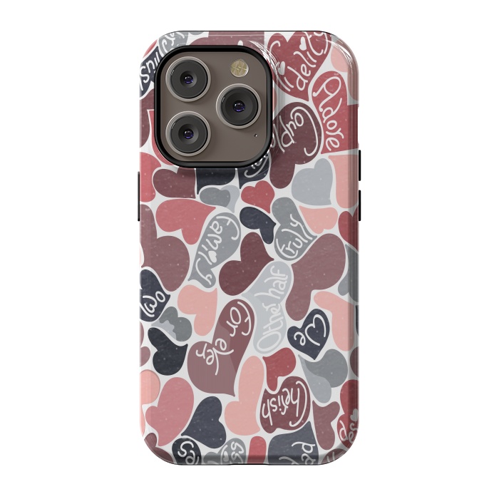iPhone 14 Pro StrongFit Love hearts with loving words in pink and grey by Paula Ohreen