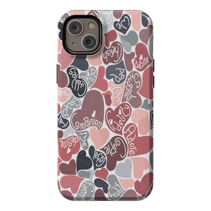 iPhone 14 Plus StrongFit Love hearts with loving words in pink and grey by Paula Ohreen