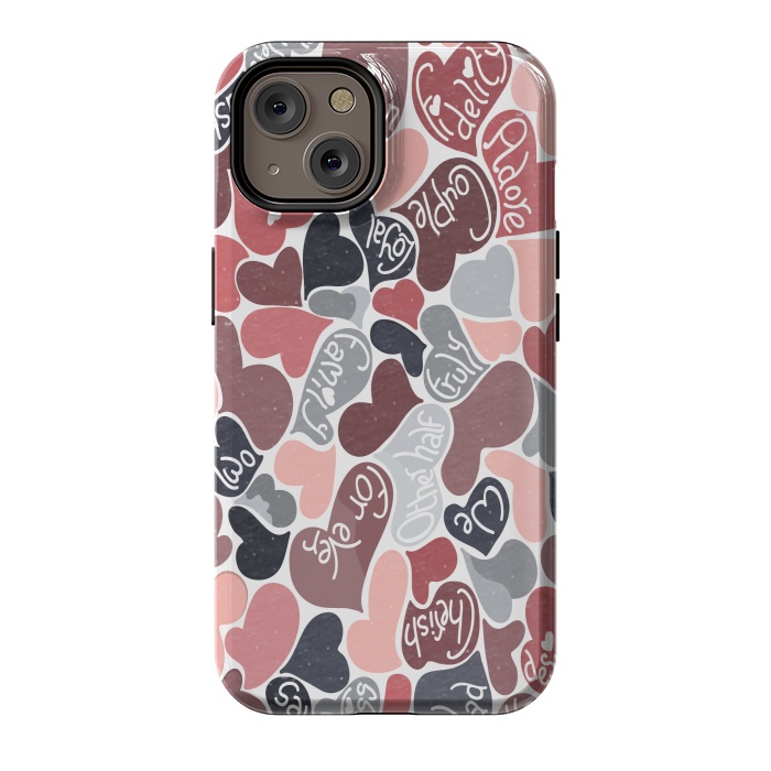 iPhone 14 StrongFit Love hearts with loving words in pink and grey by Paula Ohreen