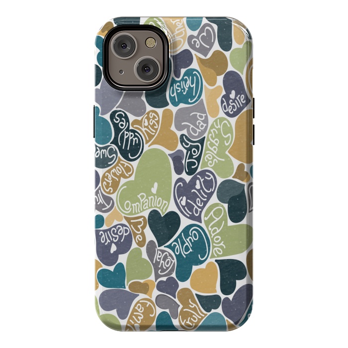 iPhone 14 Plus StrongFit Love hearts with loving words in blue and green by Paula Ohreen