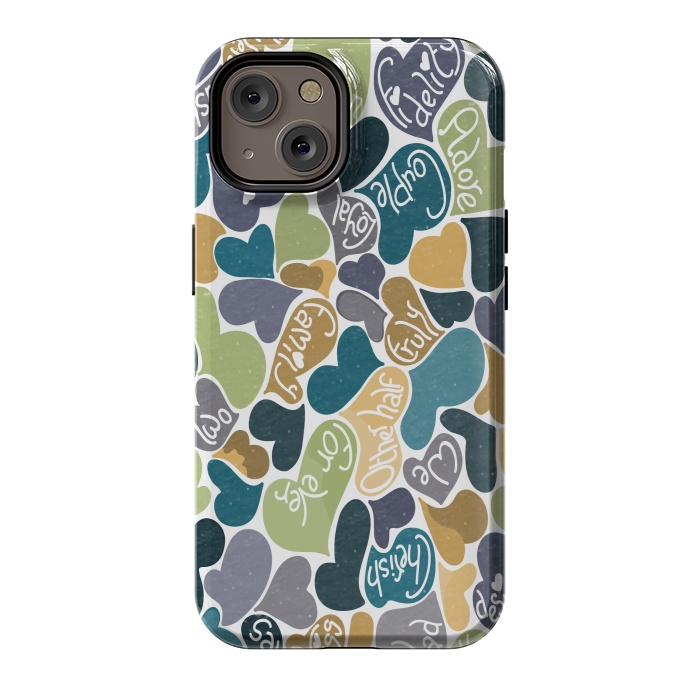 iPhone 14 StrongFit Love hearts with loving words in blue and green by Paula Ohreen