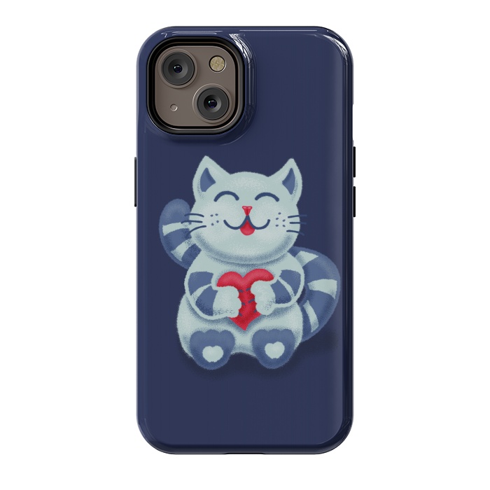 iPhone 14 StrongFit Cute Blue Kitty With Heart In Love by Boriana Giormova