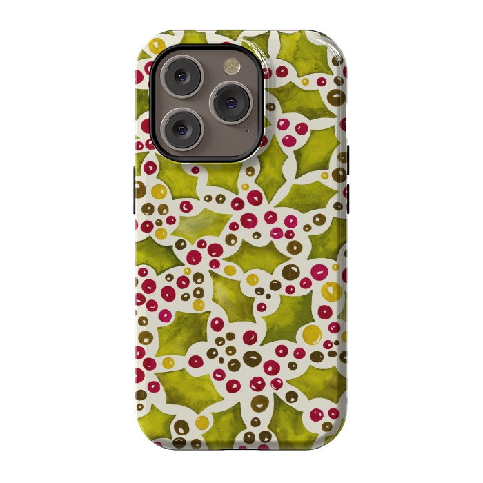 iPhone 14 Pro StrongFit Watercolour Christmas Holly and Berries Pattern by Paula Ohreen