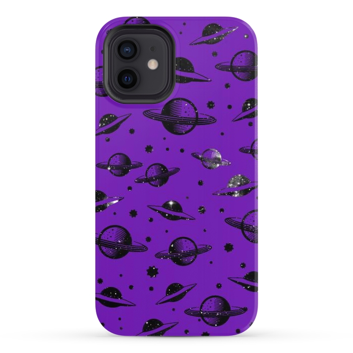 iPhone 12 StrongFit Planets, stars space pattern on purple background by Oana 