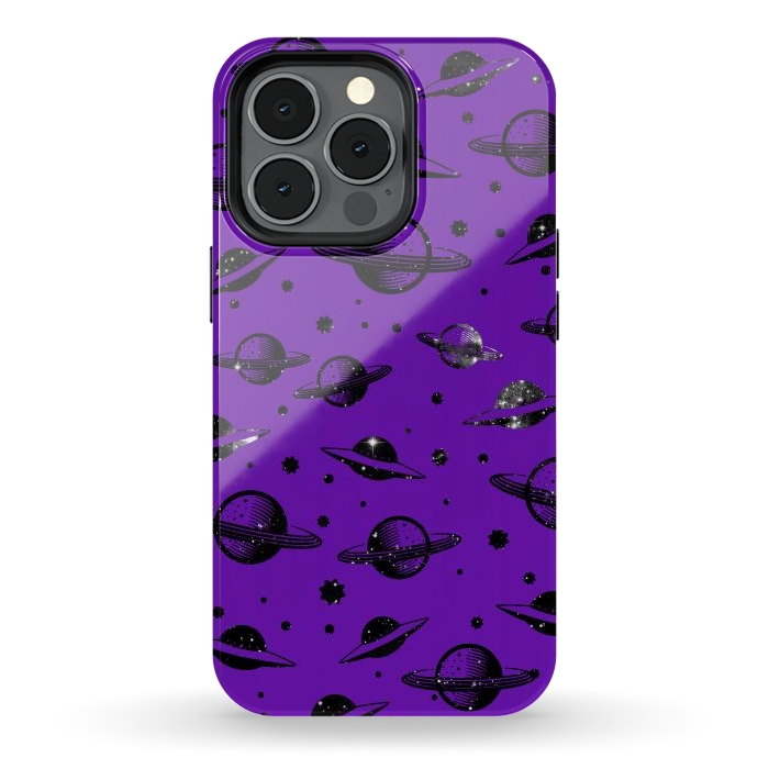 iPhone 13 pro StrongFit Planets, stars space pattern on purple background by Oana 