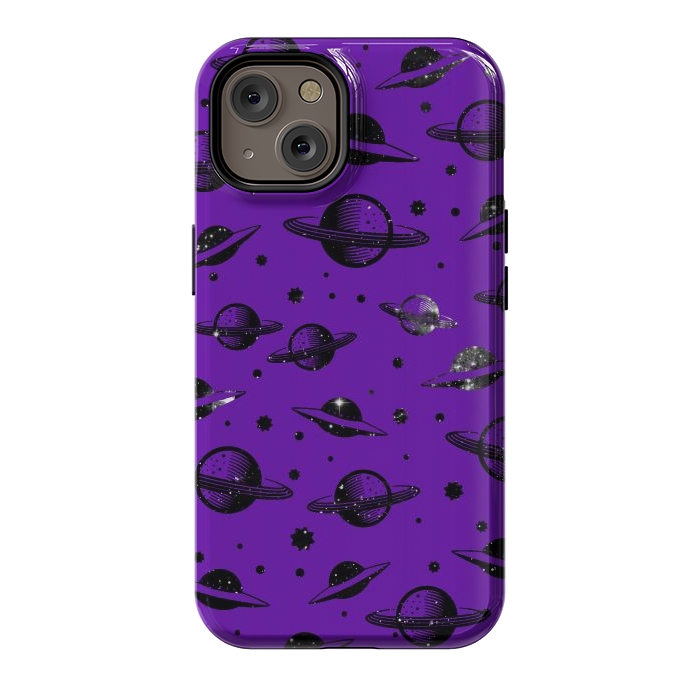iPhone 14 StrongFit Planets, stars space pattern on purple background by Oana 