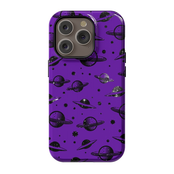 iPhone 14 Pro StrongFit Planets, stars space pattern on purple background by Oana 