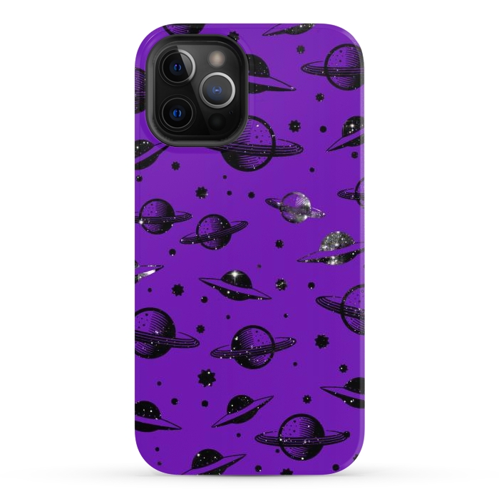 iPhone 12 Pro Max StrongFit Planets, stars space pattern on purple background by Oana 