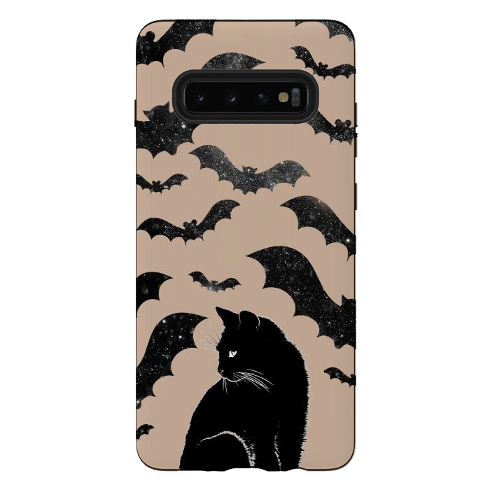 Galaxy S10 plus StrongFit Black cats and night sky bats - Halloween witchy illustration by Oana 