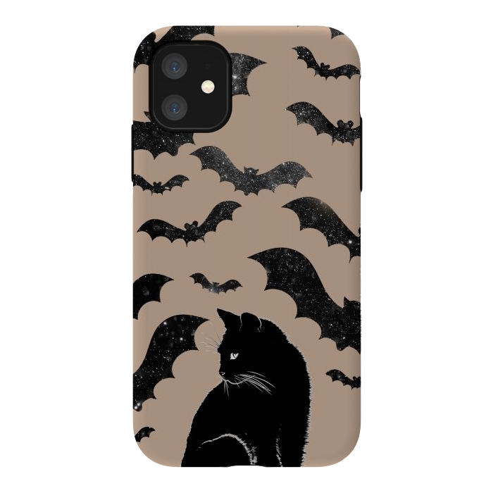 iPhone 11 StrongFit Black cats and night sky bats - Halloween witchy illustration by Oana 