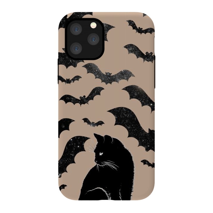 iPhone 11 Pro StrongFit Black cats and night sky bats - Halloween witchy illustration by Oana 