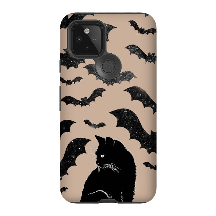 Pixel 5 StrongFit Black cats and night sky bats - Halloween witchy illustration by Oana 