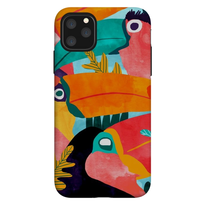 iPhone 11 Pro Max StrongFit Toucan Flock | Watercolor Modern Bohemian Wildlife Jungle Birds Colorful Painting by Uma Prabhakar Gokhale