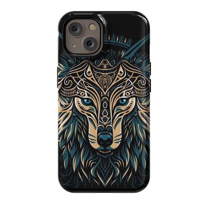 iPhone 14 StrongFit Tribal golden shield wolf by Alberto