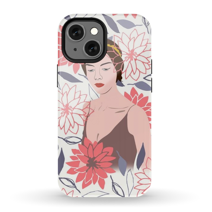 iPhone 13 mini StrongFit Shyly Girl, Woman Illustration Drawing, Minimal Tropical Boho by Creativeaxle