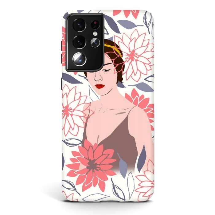 Galaxy S21 ultra StrongFit Shyly Girl, Woman Illustration Drawing, Minimal Tropical Boho by Creativeaxle