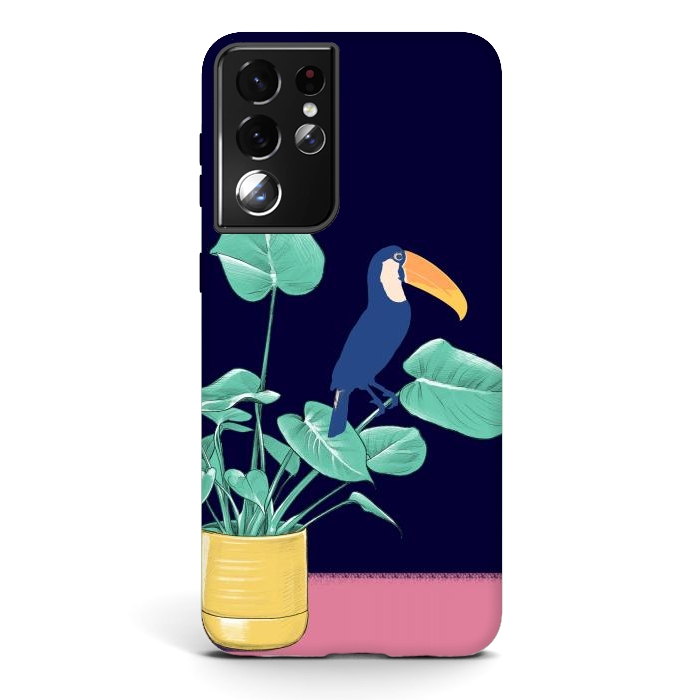 Galaxy S21 ultra StrongFit Toucan and plant - colorful minimal illustration by Oana 